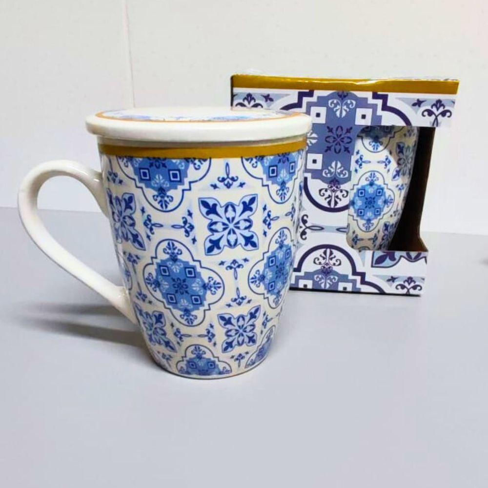 Caneca De Porcelana Decorada 310ml Lisboa Tampa Filtro Inox