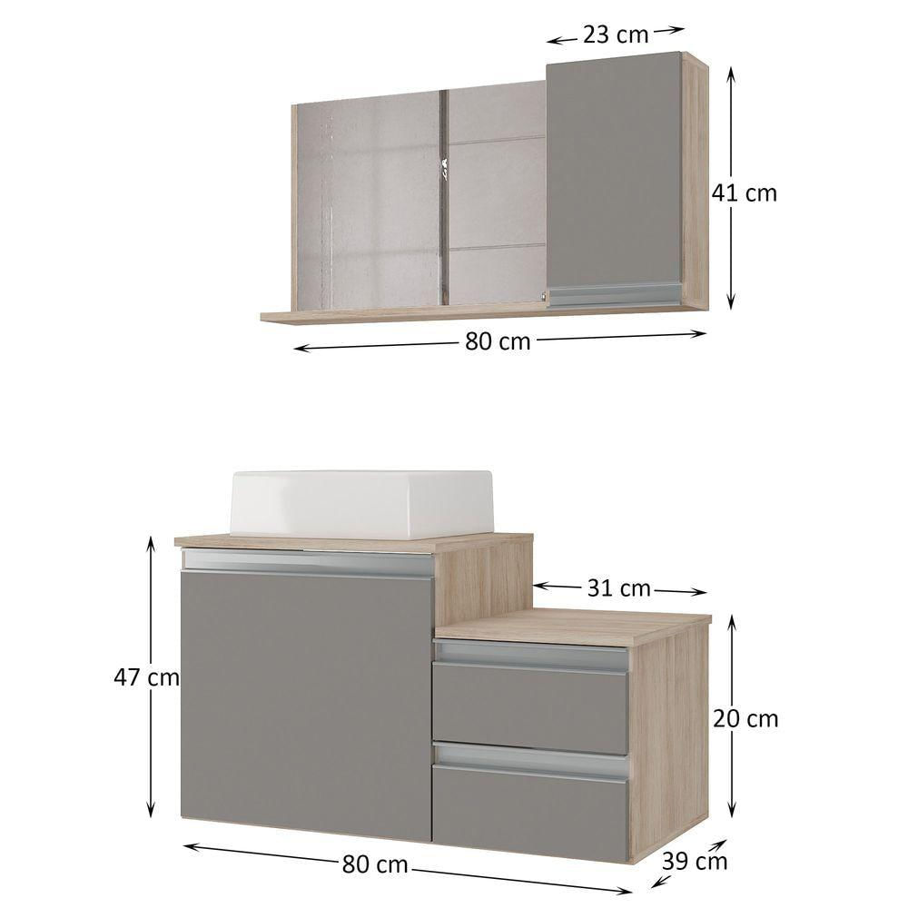 Conjunto Gabinete Banheiro Cross 80 (gabinete+espelheira+cuba) Madeirado Cinza