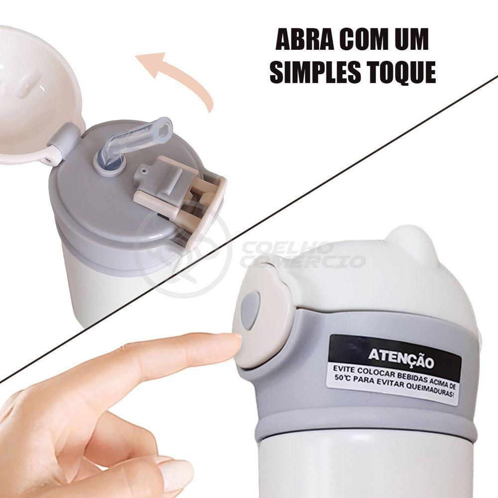 Garrafa Infantil Térmica 420ml De Ursinho Branca Ideal Para Bebidas Quentes E Frias Até 12h