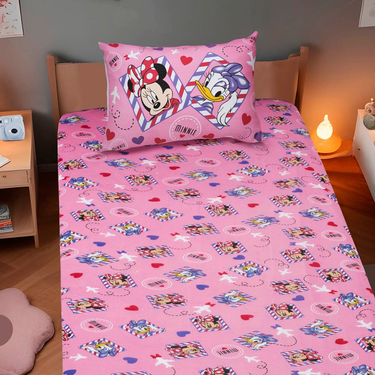 Jogo de Cama Portallar Solteiro Joy Malha Mista Estampado Disney Minnie E Margarida 2 Peças Rosa