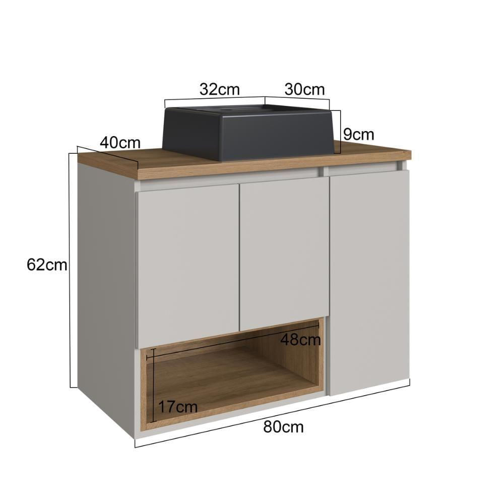 Gabinete De Banheiro Suspenso 80cm Cecília Com 03 Portas E 01 Nicho Mel-arenas Com Cuba Preta