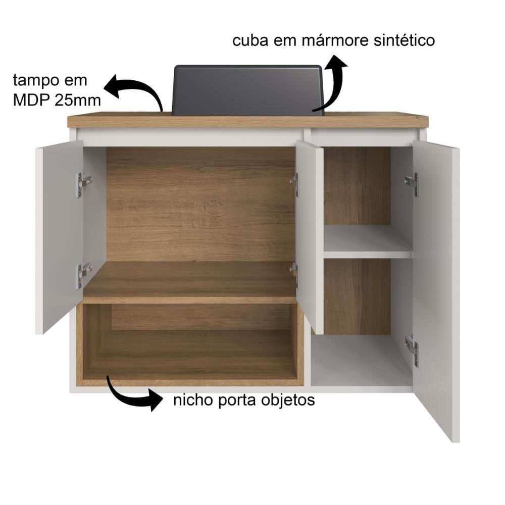 Gabinete De Banheiro Suspenso 80cm Cecília Com 03 Portas E 01 Nicho Mel-arenas Com Cuba Preta