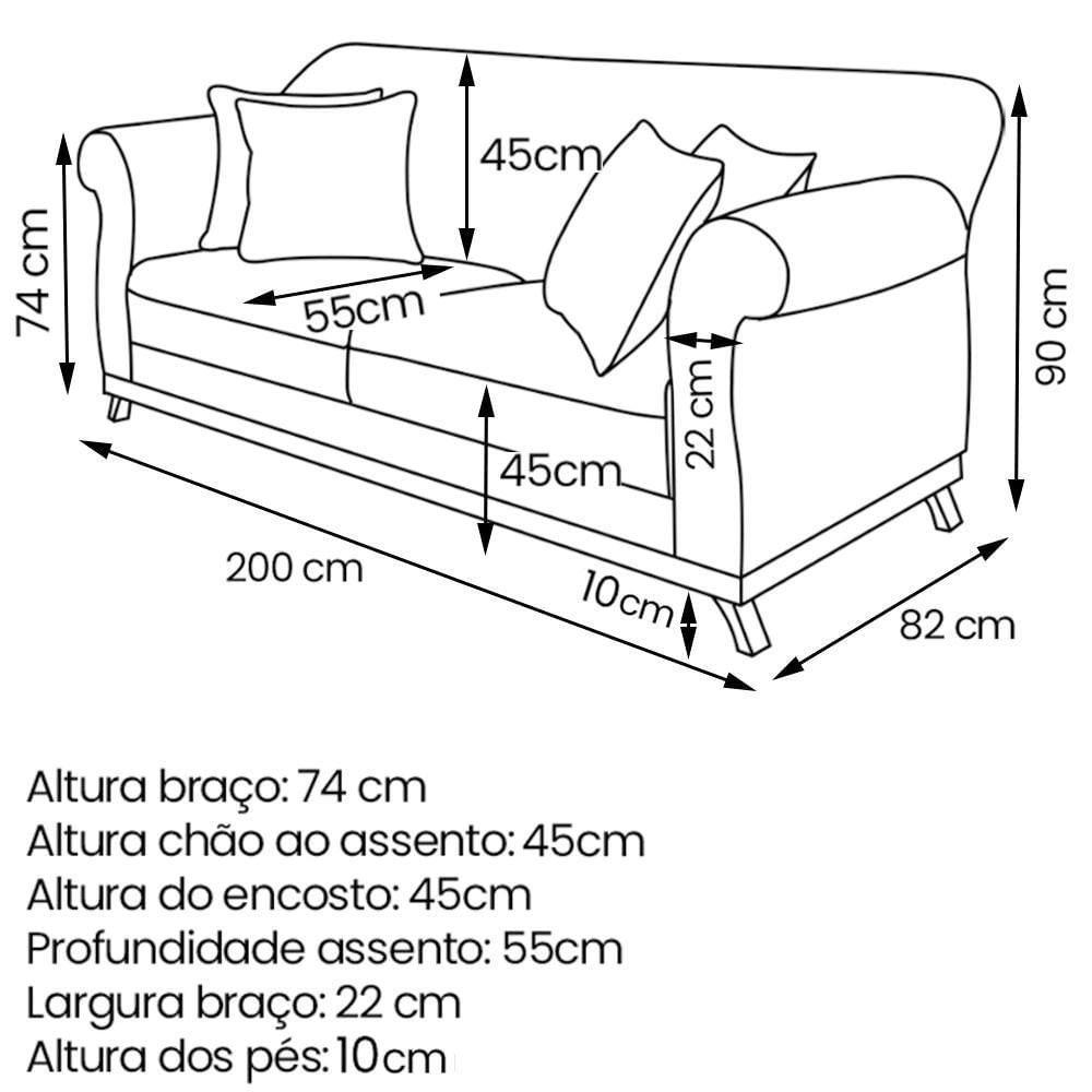 Sofa 3 Lugares Retro Polo 200cm Com Almofada Linho Perola Ezz Perola