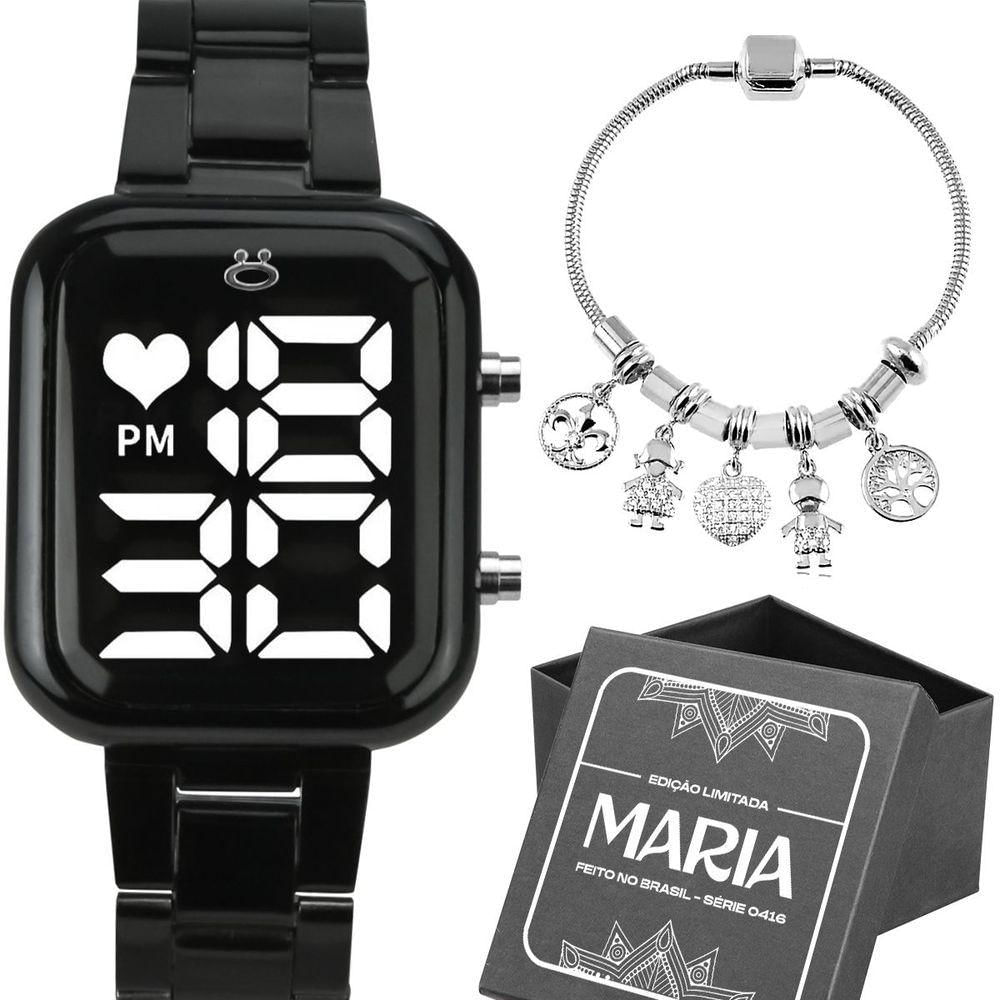 Relogio Digital Feminino Preto + Pulseira Pandora + Caixa