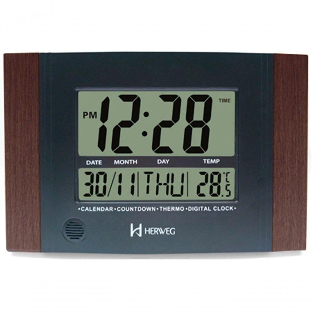 Relógio De Parede Ou Mesa Digital Lcd Calendário Termômetro Madeira Escura Herweg 6438 único