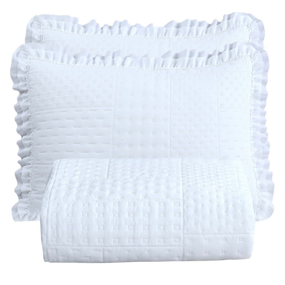 Kit Cobre Leito Colcha Maison Casal Padrão c/ Babado Percal 300 Fios 3 Peças - Branco