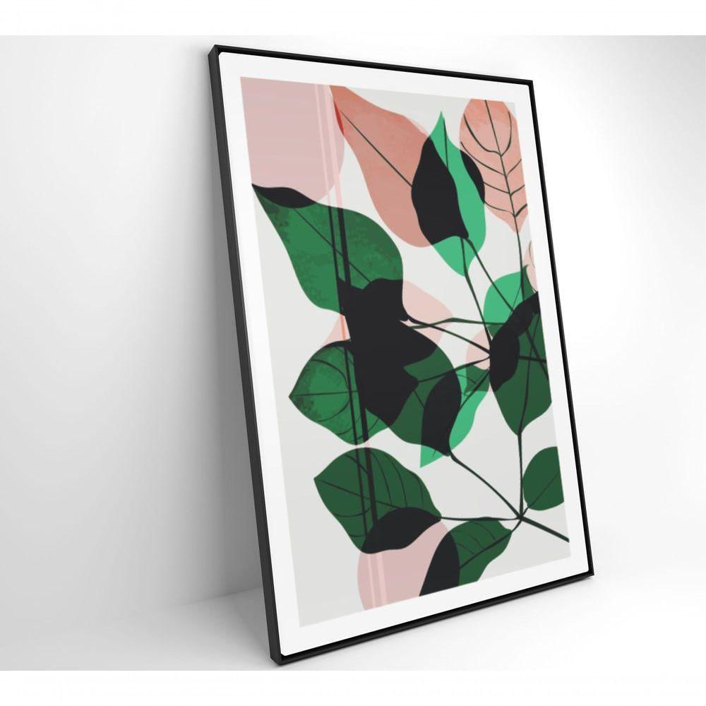 Quadro Pintura Folhas Verdes E Rosa 40x60 Cm Vidro Impresso