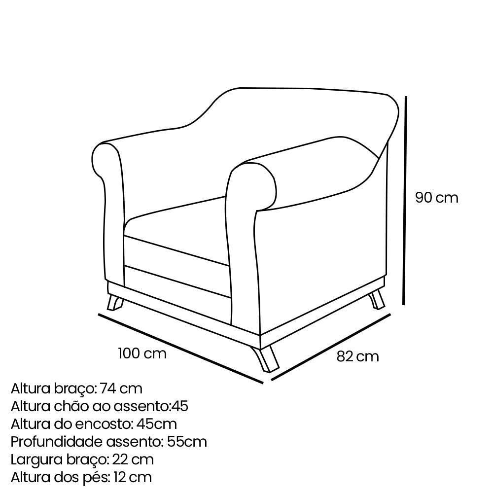 Kit 2 Poltronas E Sofá 1,80m Pés Castanho Azul Marinho