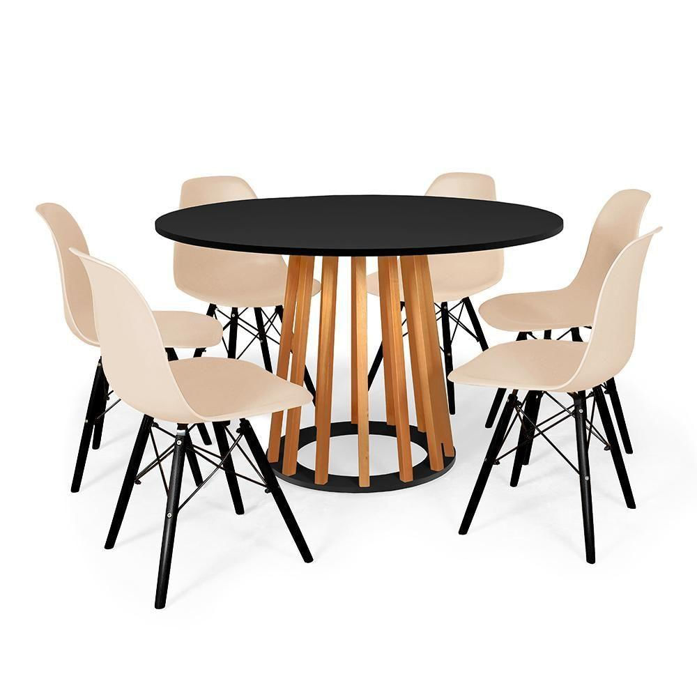 Conjunto Mesa Preta 120cm Com 6 Cadeiras Base Preta - Nude