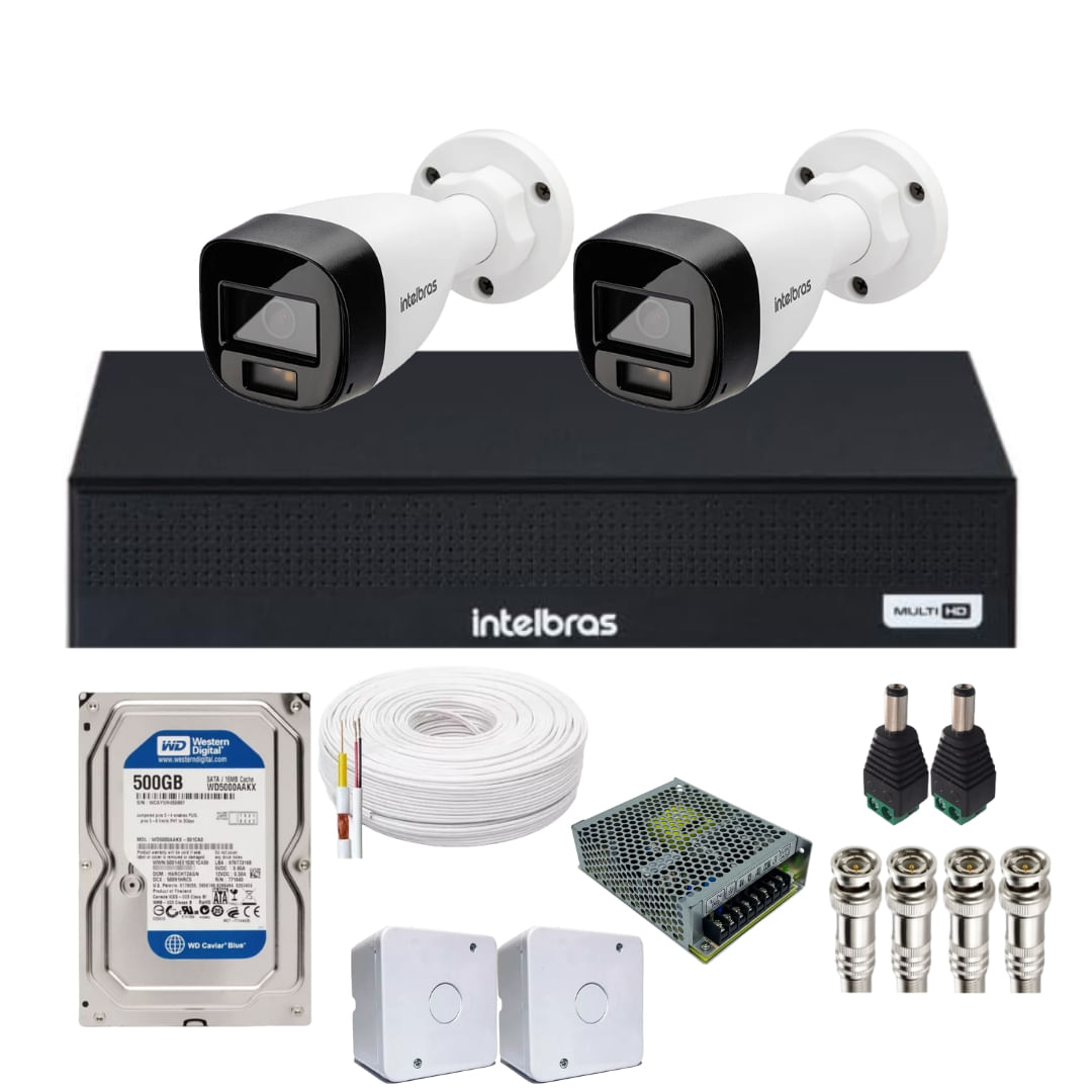 Kit 2 Câmeras Intelbras 1120b Full Color, Dvr 4ch Mhdx 1004c  Hd 500gb