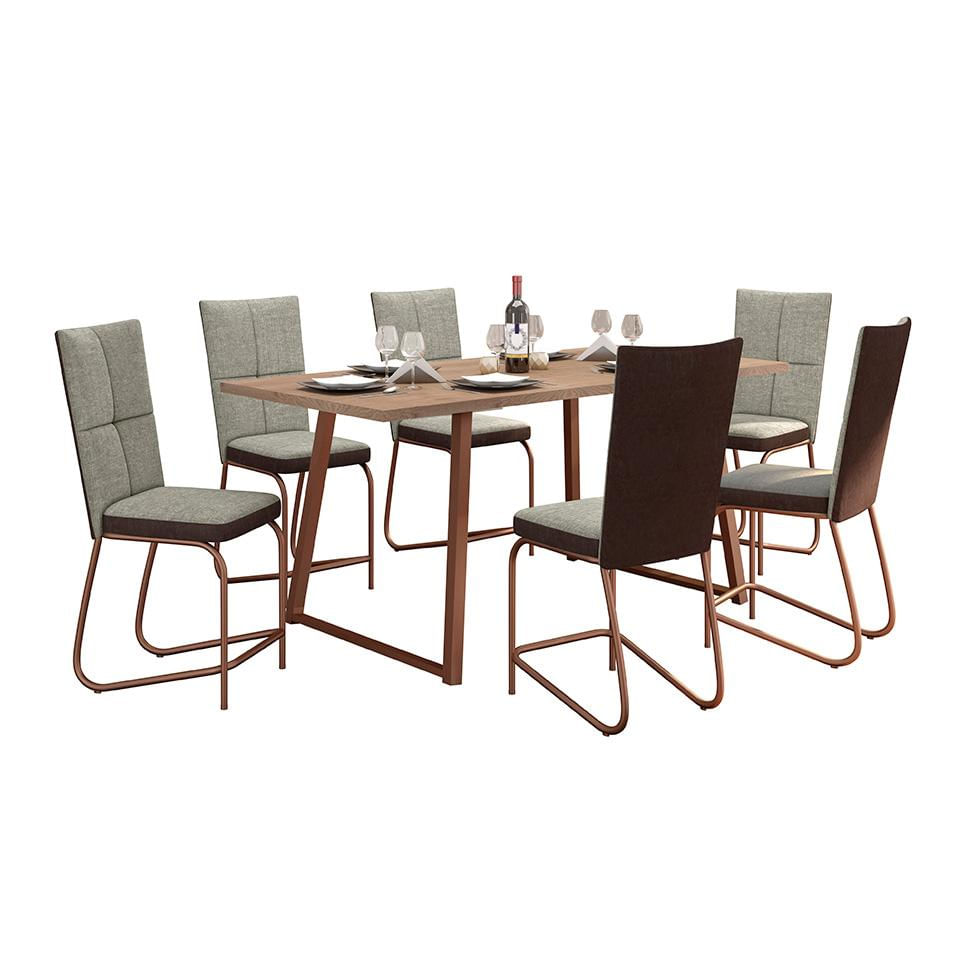 Conjunto de Mesa Retangular com Tampo de MDP Amadeirado Atlanta e 6 Cadeiras Mônaco Revestimento Sintético Cinza e Cobre