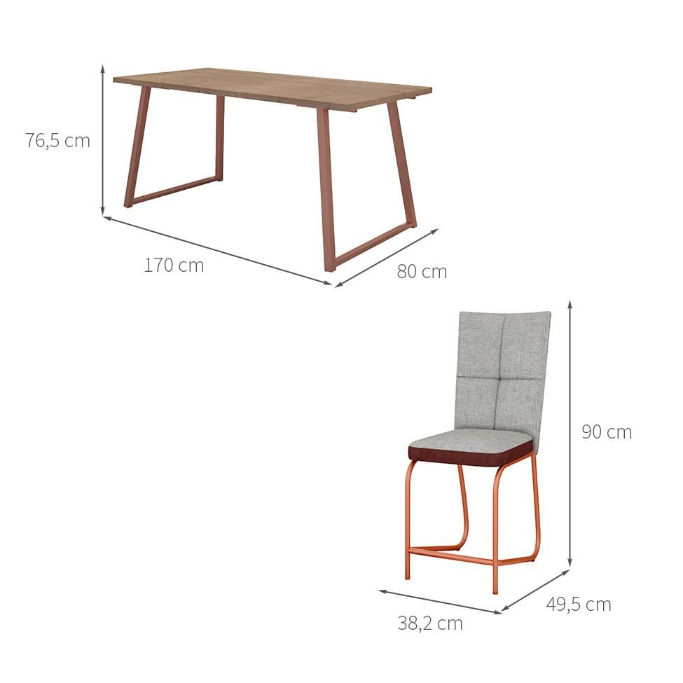 Conjunto de Mesa Retangular com Tampo de MDP Amadeirado Atlanta e 6 Cadeiras Mônaco Revestimento Sintético Cinza e Cobre