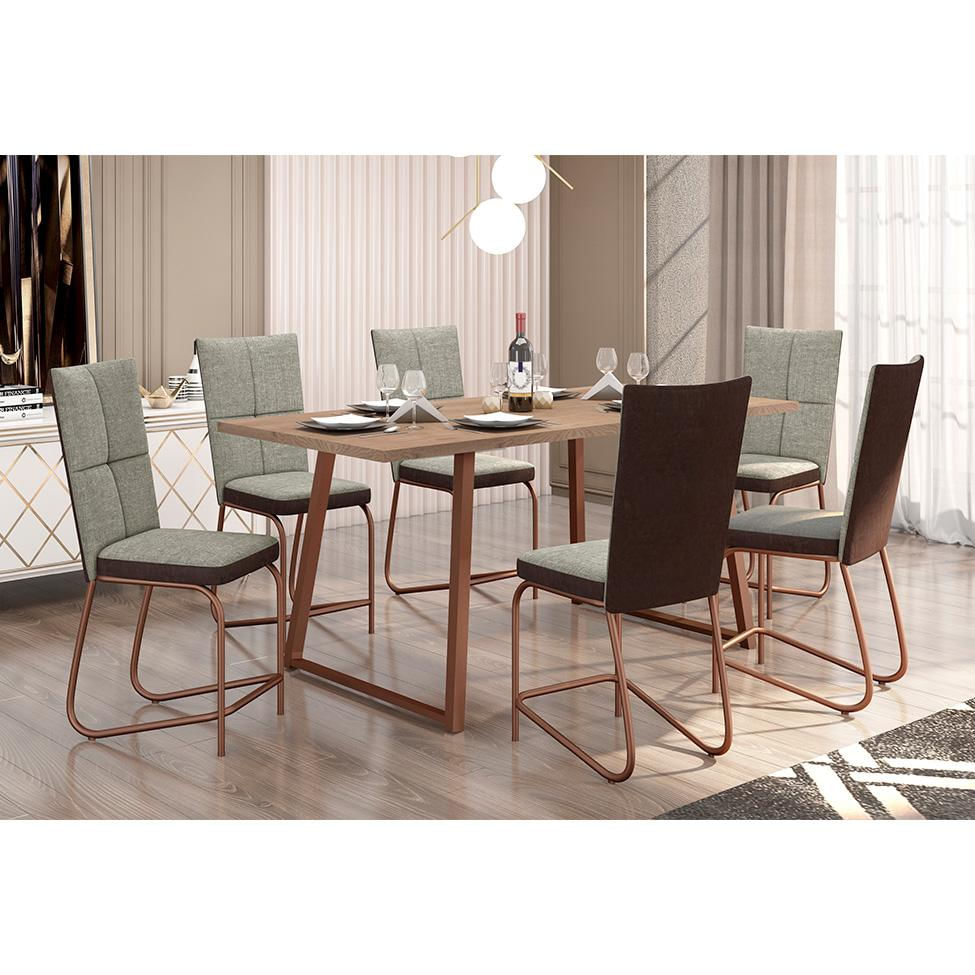 Conjunto de Mesa Retangular com Tampo de MDP Amadeirado Atlanta e 6 Cadeiras Mônaco Revestimento Sintético Cinza e Cobre