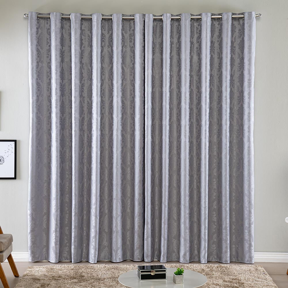 Cortina Turin Jacquard Semiblackout Floral 6,00x2,80m para Sala Quarto Varão 5M Ilhóses - Cinza