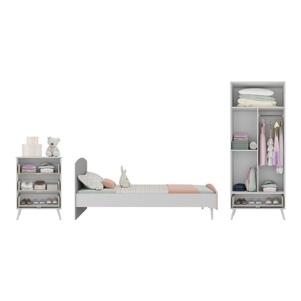 Quarto Infantil Completo Para Colchão 188x78cm Doçura Multimóveis Mp4330 Branco/cinza/rosa