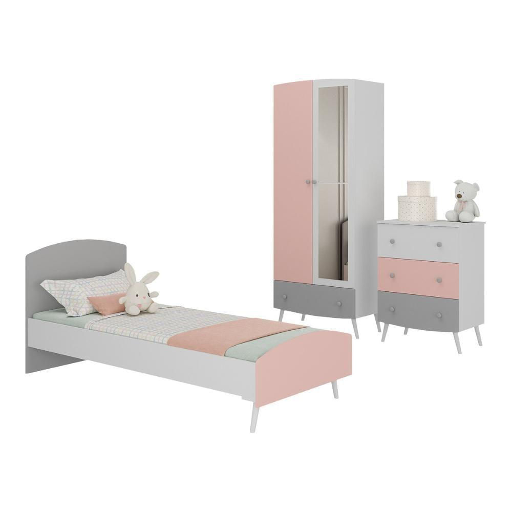 Quarto Infantil Completo Para Colchão 188x78cm Doçura Multimóveis Mp4330 Branco/cinza/rosa