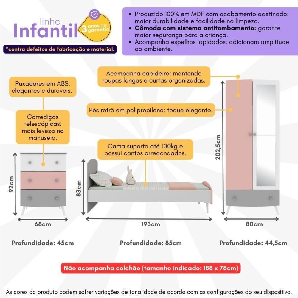 Quarto Infantil Completo Para Colchão 188x78cm Doçura Multimóveis Mp4330 Branco/cinza/rosa