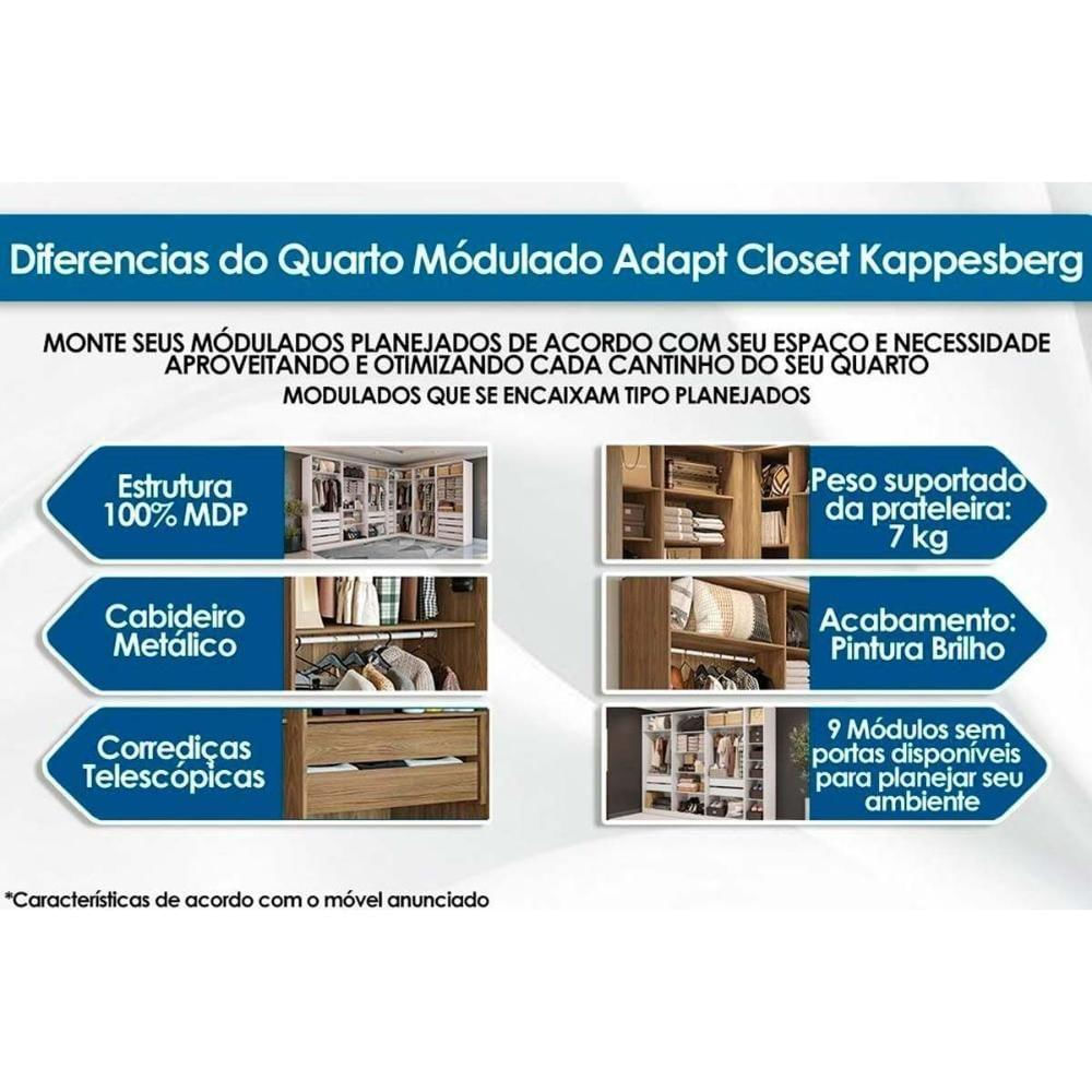 Quarto Casal Modulado Adapt 10 Peças Quarto (7 Armários + 1 Ponte Aéreo + 2 Complementos) Qcm135 Branco - Kappesberg