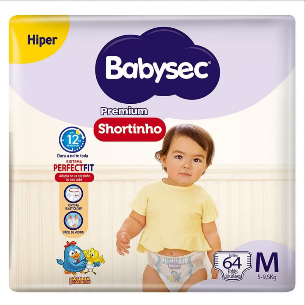 Fralda Babysec Premium Shortinho Galinha Pintadinha Hiper Tamanho M  64 Unidades