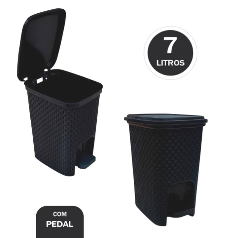 Lixeira com Pedal Trama Rattan Capacidade 7 Litros Preta