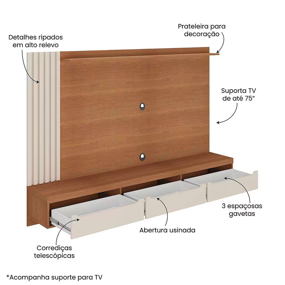 Painel Presence Artely com 1 Prateleira para Tvs de até 75 Polegadas Bege com Marrom