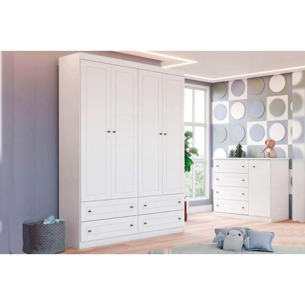 Quarto Infantil Completo Americano 2 Peças (1 G Roupa + 1 Cômoda) Qi59 Branco - Henn