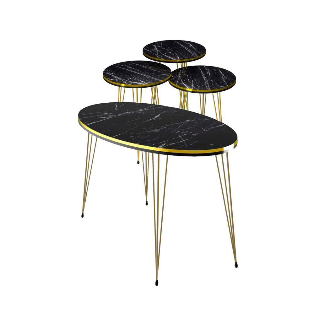 Conjunto De Mesa De Centro 4 Peças - Mármore Preto Com Dourado