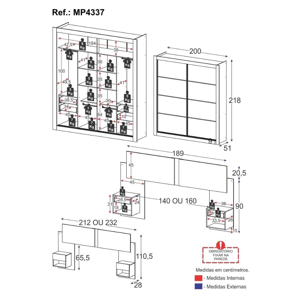 Guarda-Roupas Casal e Cabeceira com 2 Mesas de Cabeceira Multimóveis MP4337 Branco