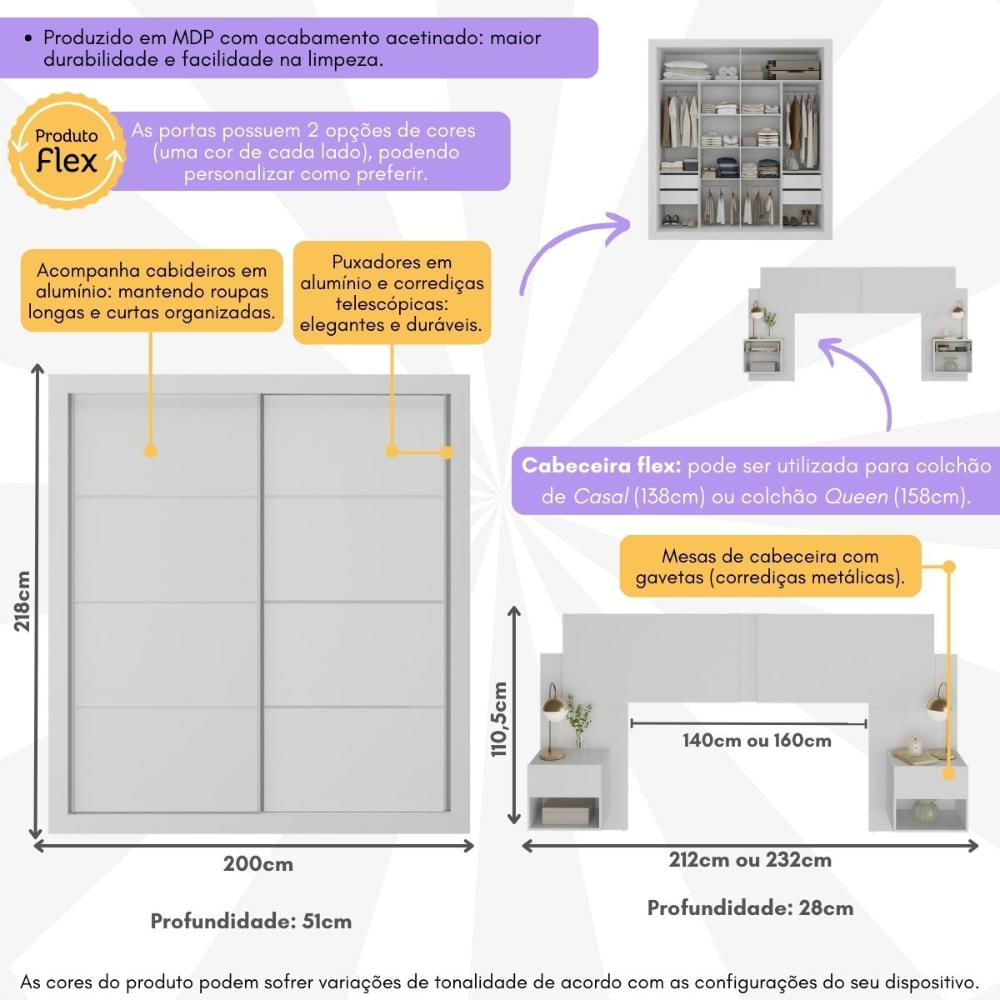 Guarda-Roupas Casal e Cabeceira com 2 Mesas de Cabeceira Multimóveis MP4337 Branco