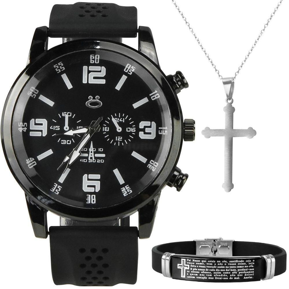 Relogio Masculino Preto Aço Cordao Crucifixo Black Piano