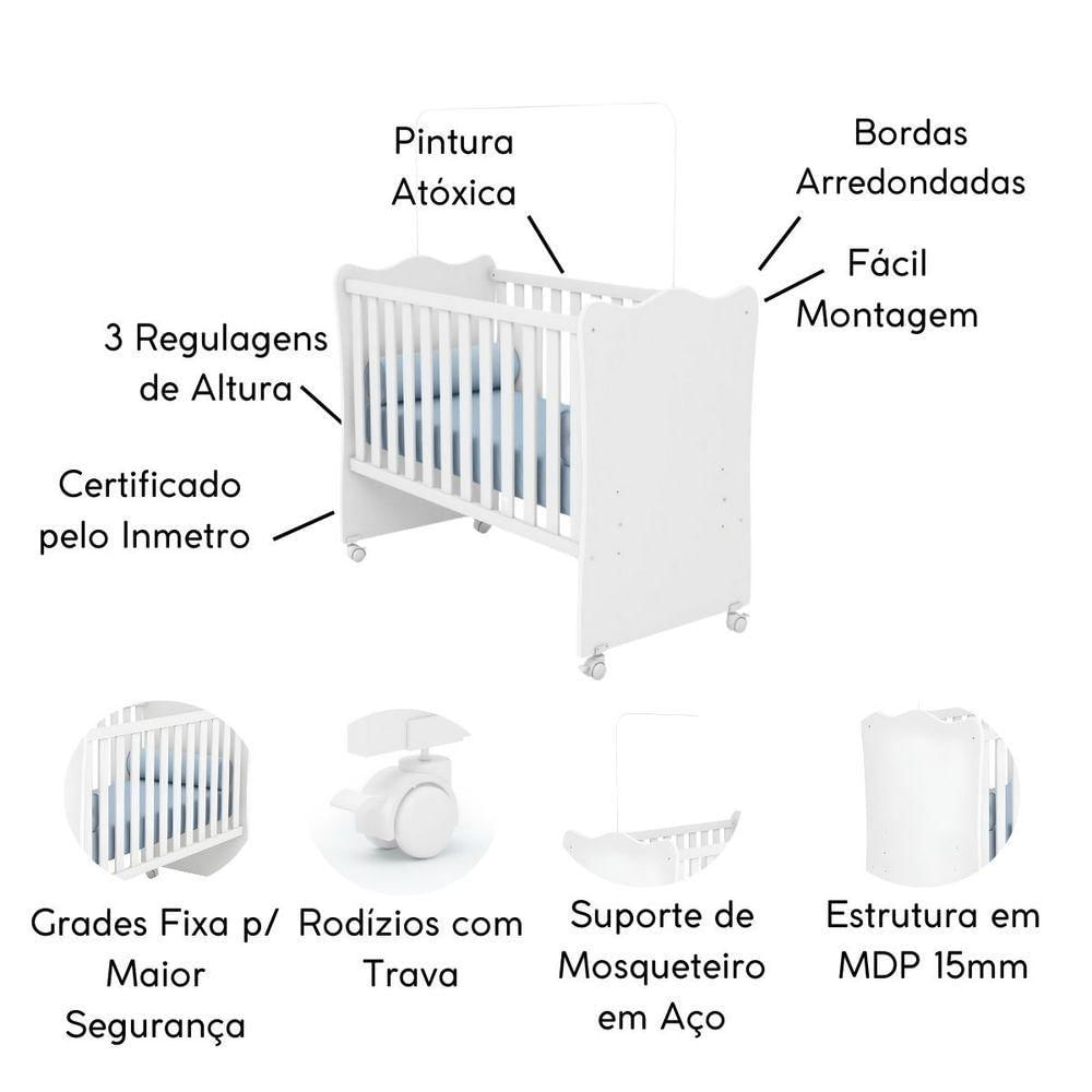 Berço De Bebê Infantil Suporte Para Mosquiteiro E Rodízios branco