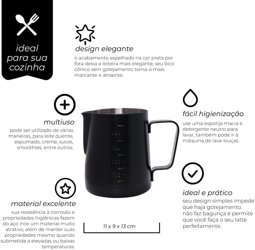 Leiteira Pitcher Espumador Em Aço Inox Black 600 Ml – Mimo Style