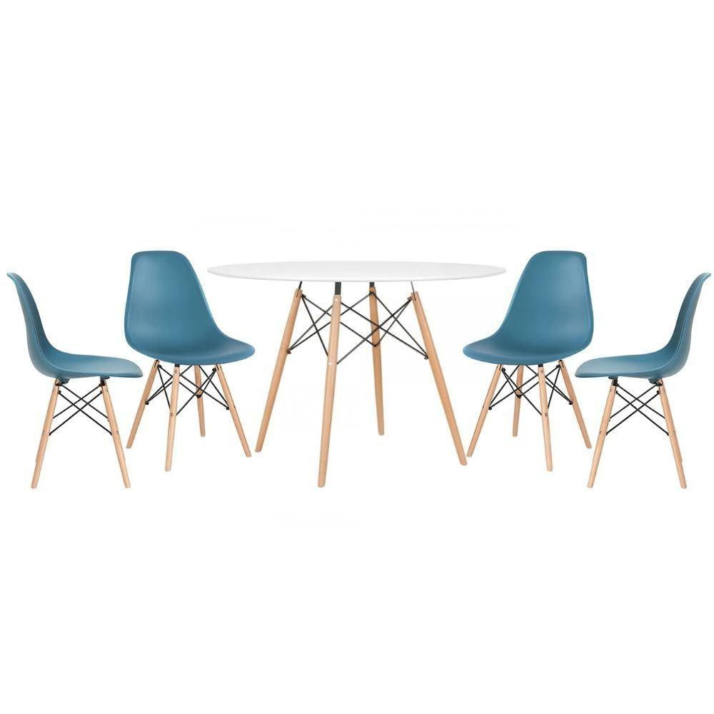 Mesa Redonda Eames 120cm Branco + 4 Cadeiras Turquesa