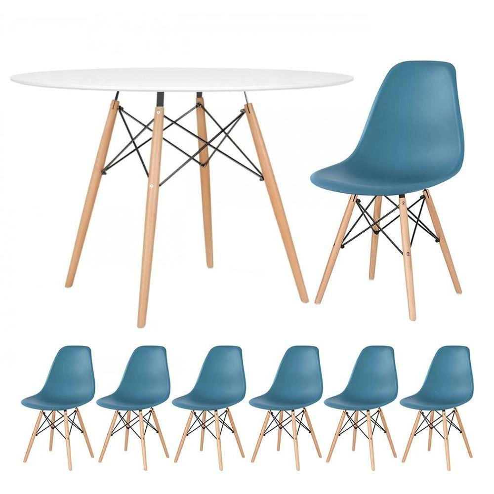 Mesa Redonda Eames 120cm Branco + 6 Cadeiras Turquesa