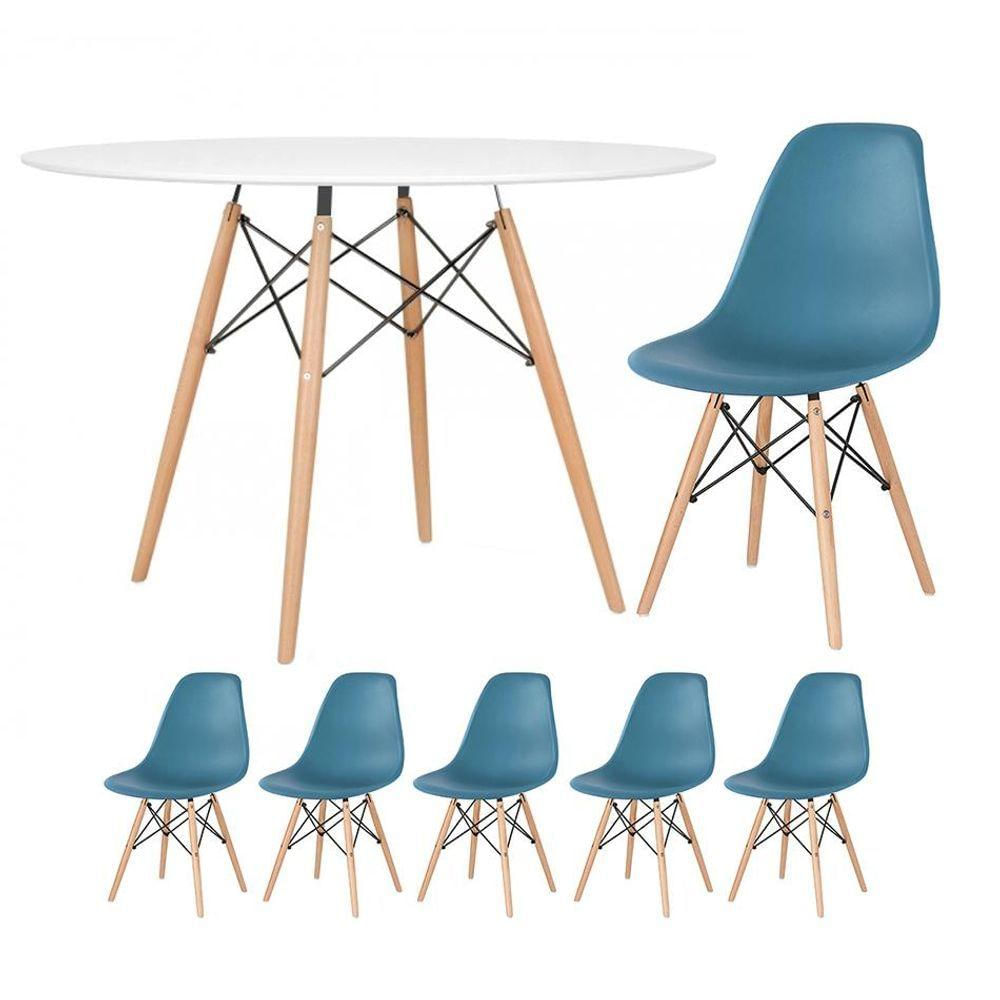 Mesa Redonda Eames 120cm Branco + 5 Cadeiras Turquesa