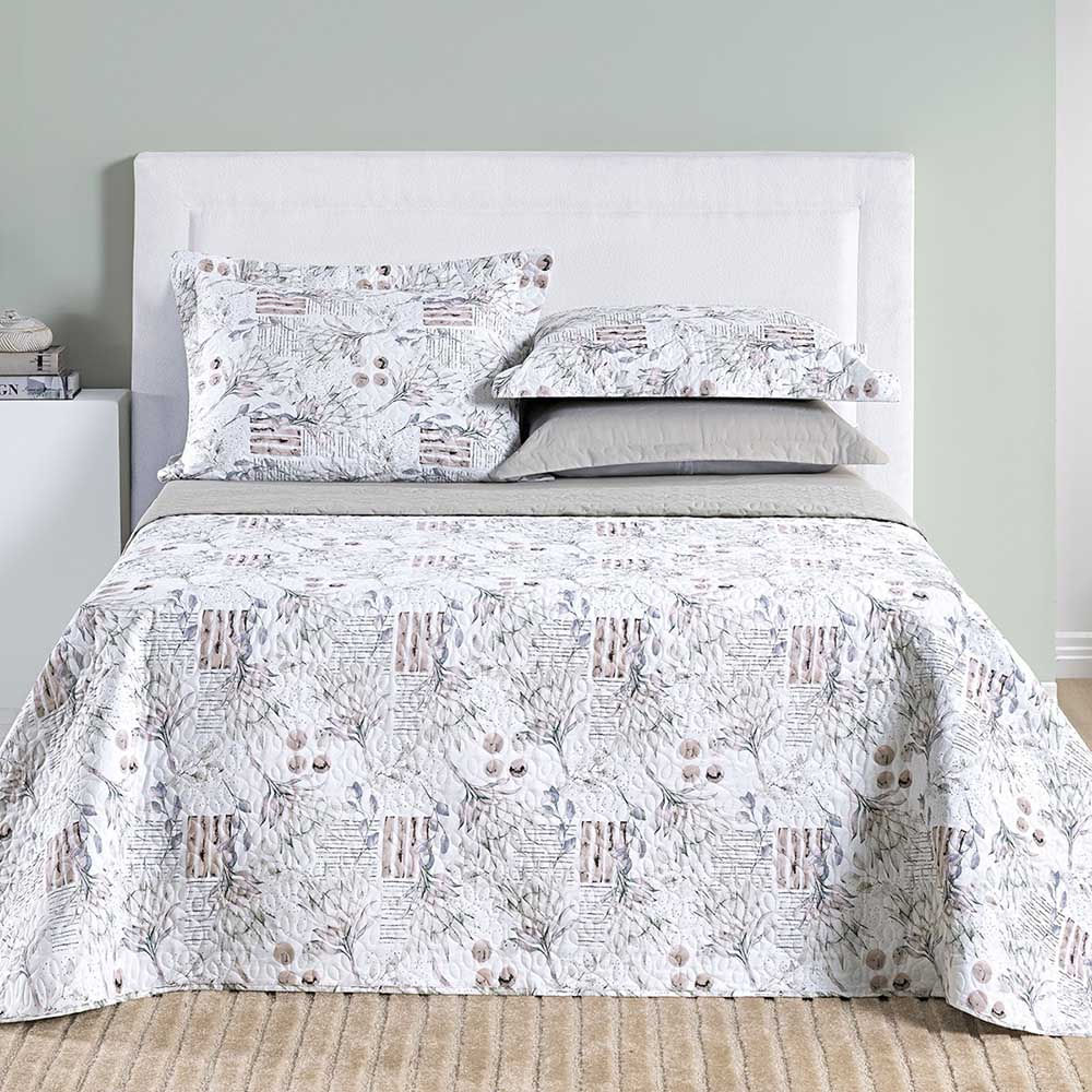 Kit Cobre Leito Colcha Maggy Queen 3 Peças Dupla Face Percale 200 Fios - Protea Floral Cinza