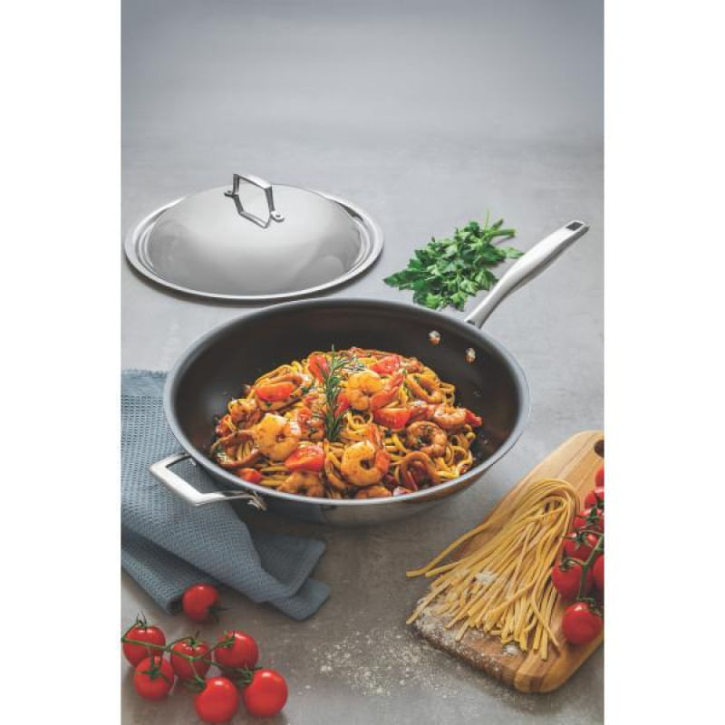 Wok Tramontina Grano em Aço Inox com Corpo Triplo Revestimento Interno em Antiaderente com Cabo 32 cm  5,2 L