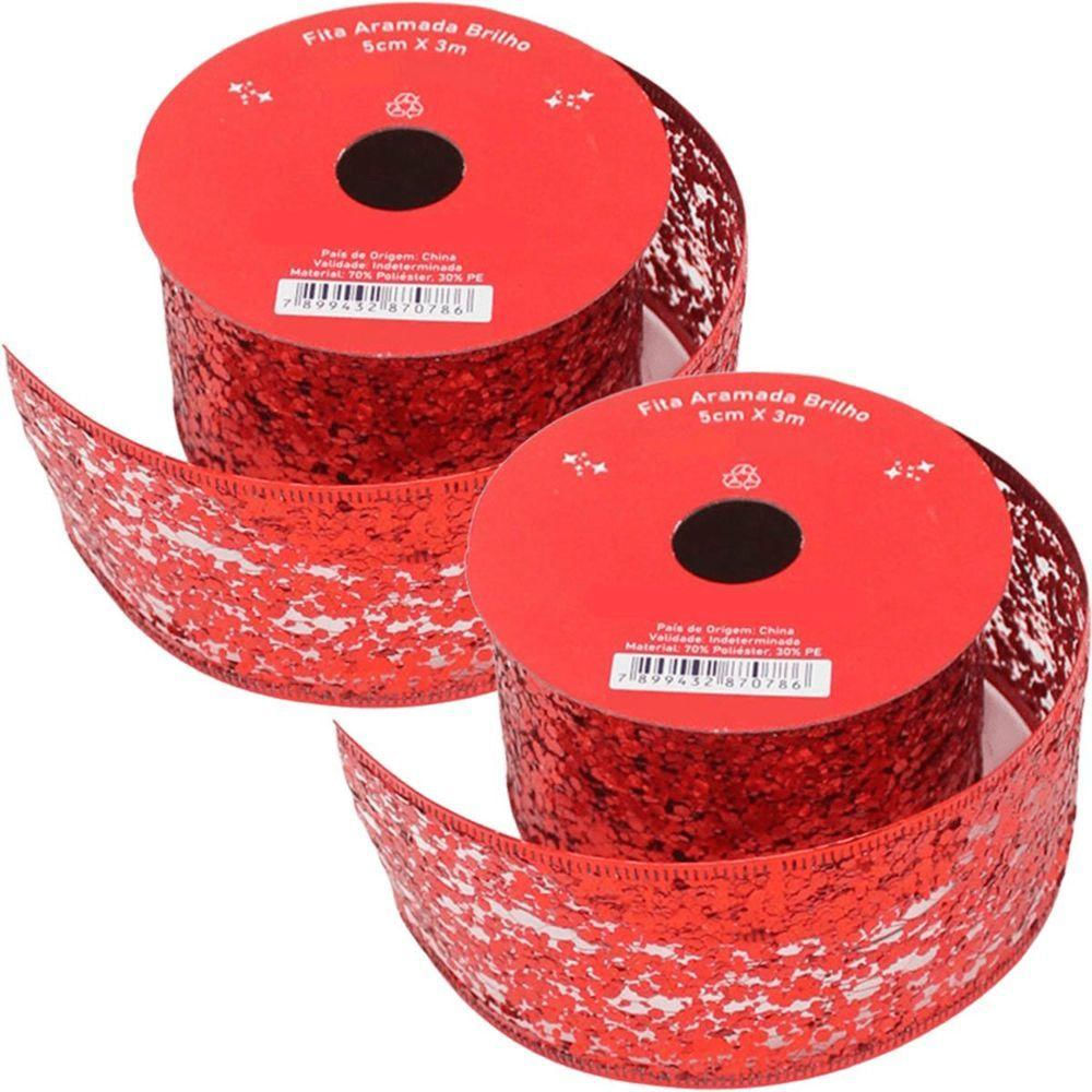 Kit 8 Fitas Aramada Gliter Vermelho Enfeite Natalino 5cm 3m