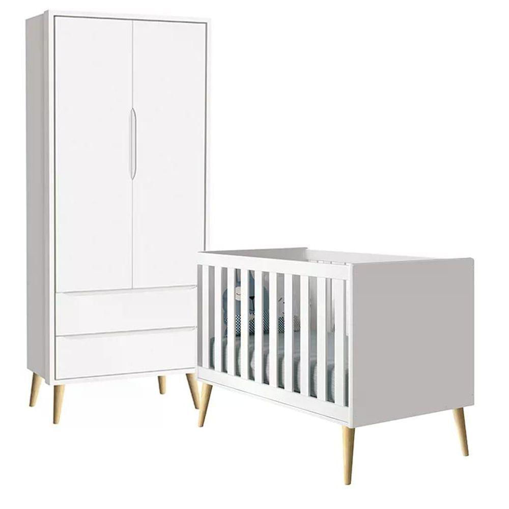 Quarto Com Berço Theo E Guarda Roupa 2 Portas E Pés Madeira Natural Branco Fosco Reller Móveis Branco Fosco