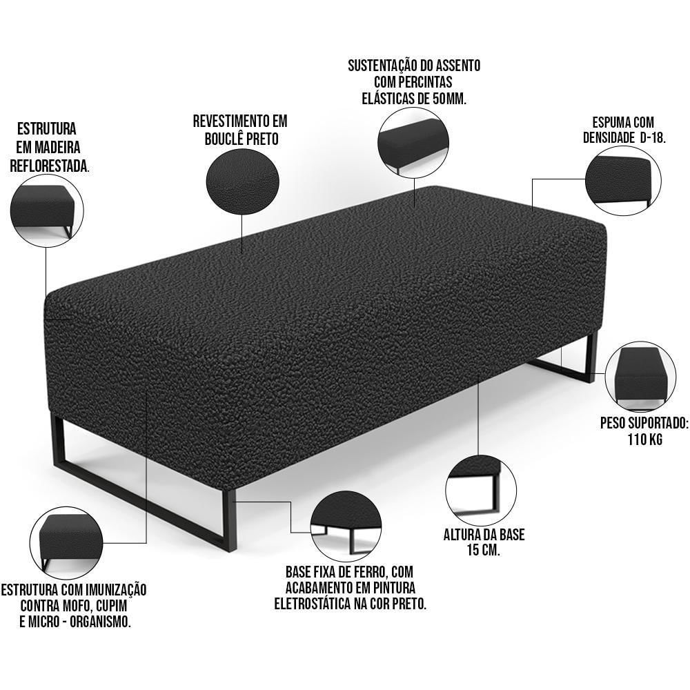 Puff Decorativo Sala De Estar Bali W01 Base Ferro 120x50 Cm Bouclê Preto