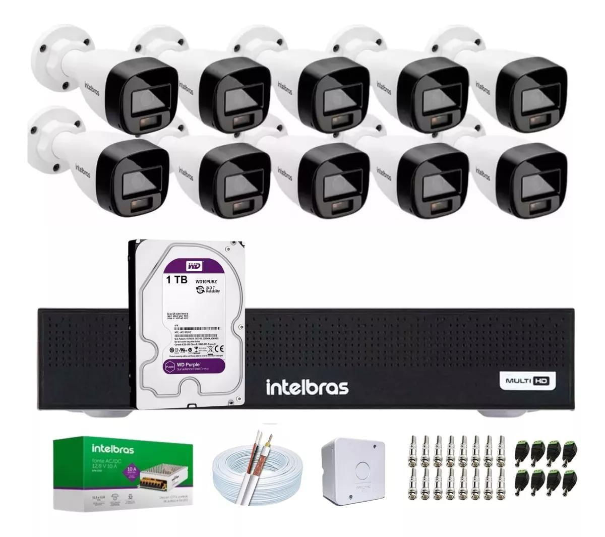 Kit 10 Cameras Seguranca Intelbras 3220 Full Color C/ Audio, Dvr 16ch C/ Hd 1tb Purple