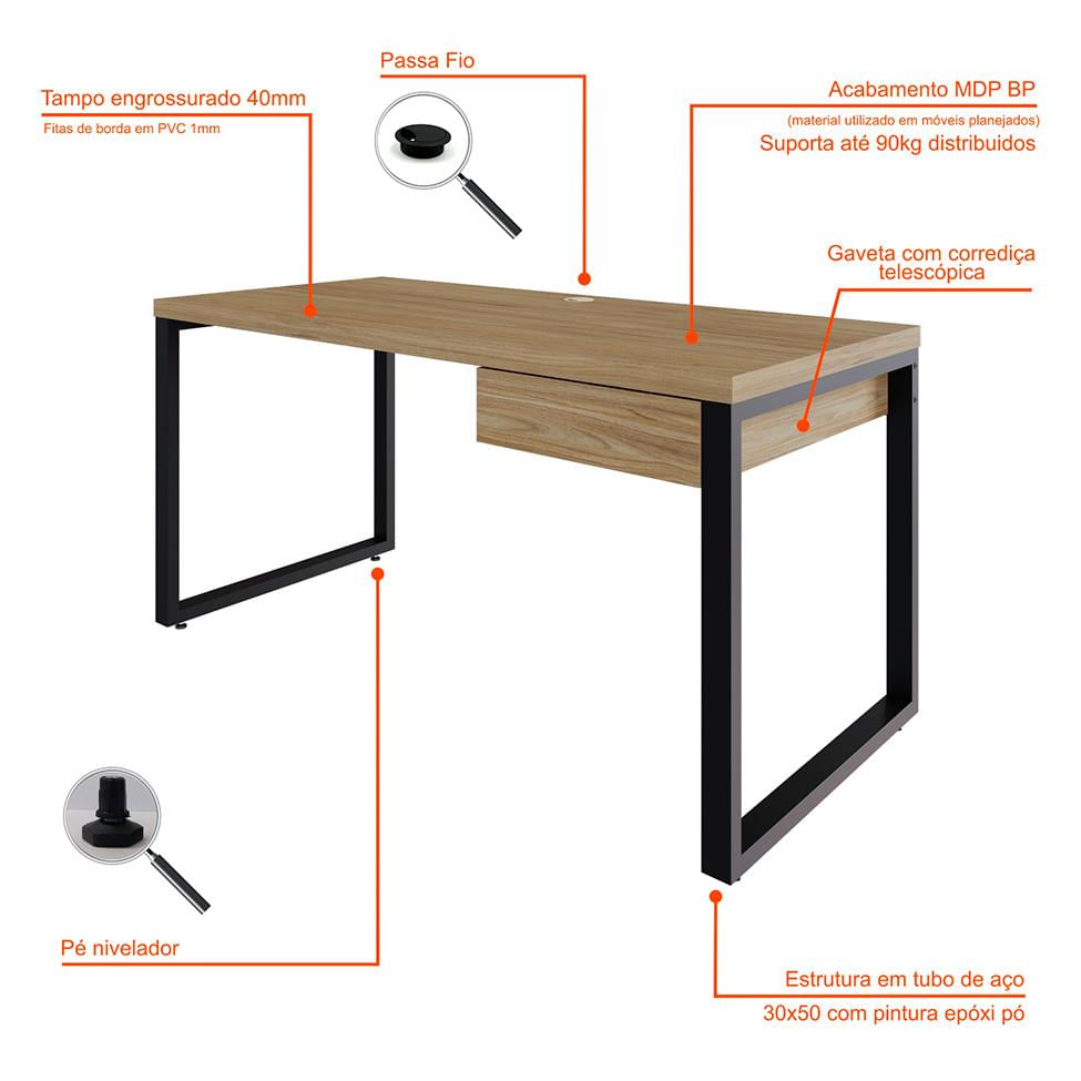 Mesa de Escritório Retangular Miguel 1 GV Vermont e Preta 150 cm