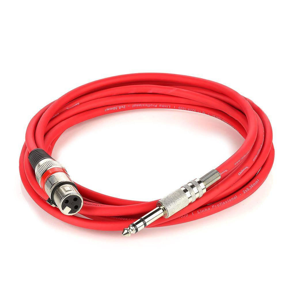 Cabo De Microfone Xlr Para P10 Estereo - Vermelho - 3 Metros