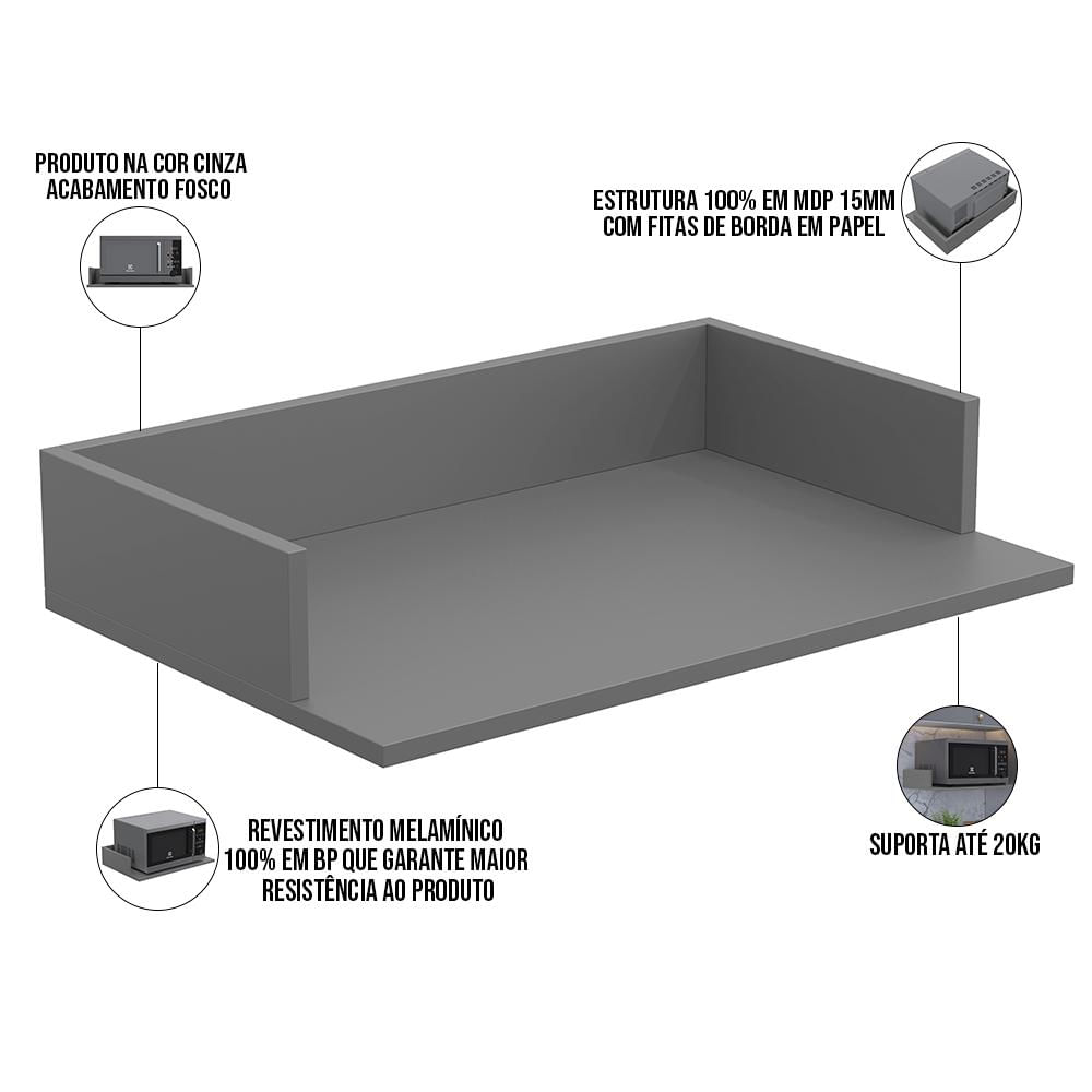 Kit 03 Suportes Suspensos Para Micro-ondas Forno 60x40 cm Class L03 Cinza - Lyam