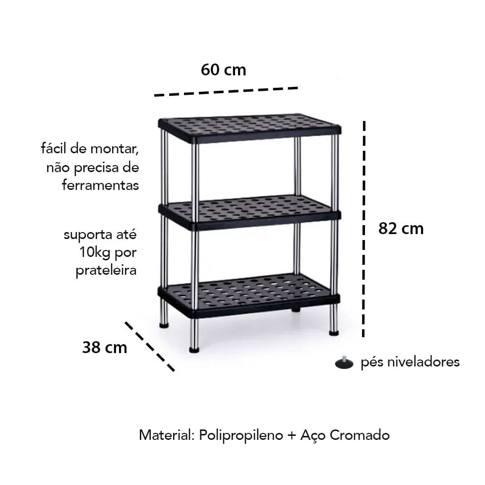 Estante Multiuso Prateleira Preta Pe Cromado Ampliavel 82cm