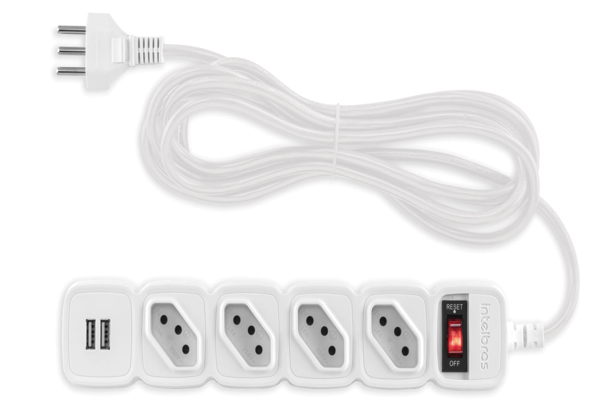 Filtro De Linha Protetor Eletronico Regua Extensão Eletrica EPE 204 USB+ Intelbras 4 Tomadas 2 Usb Bivolt Cabo 3 Metros Branco