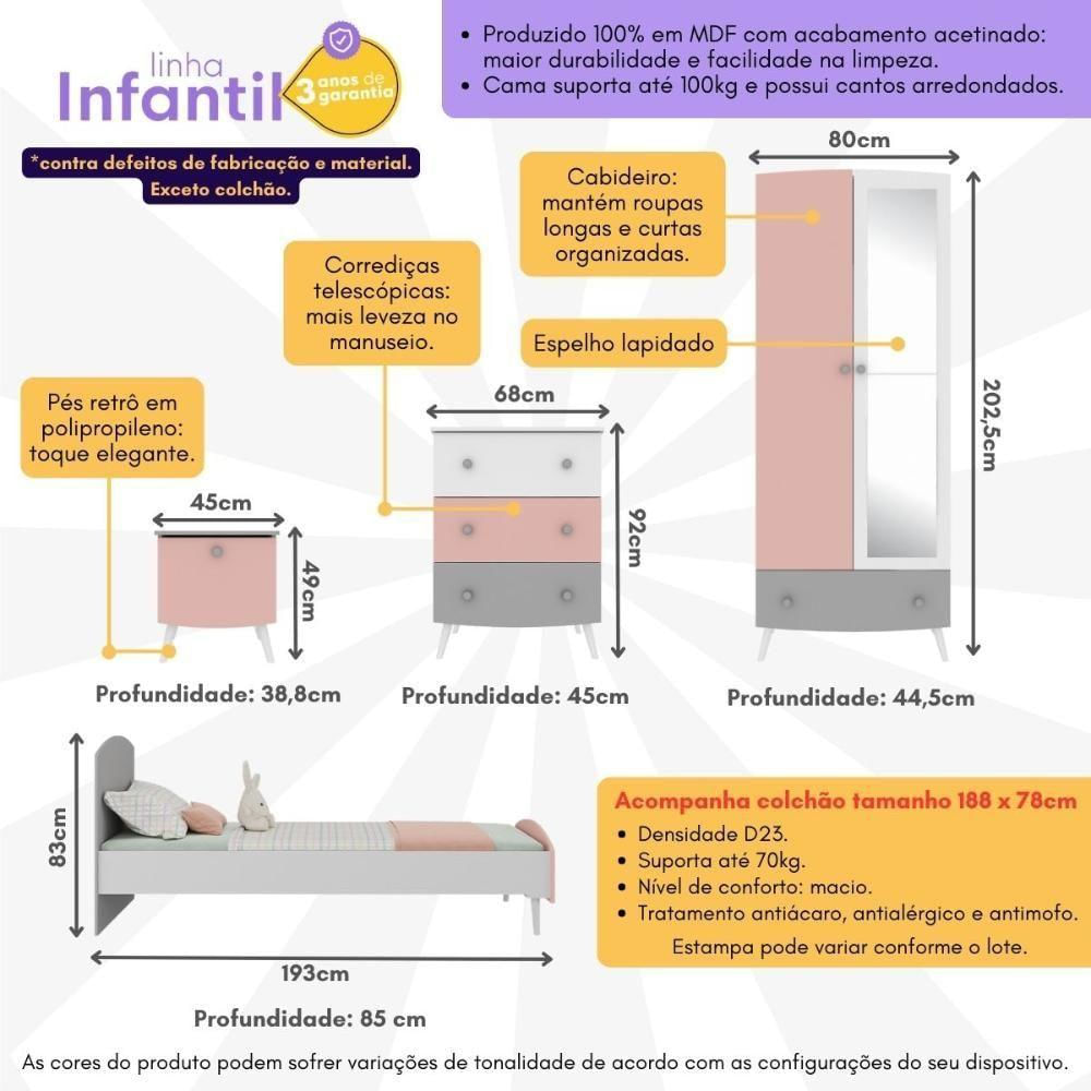 Quarto Infantil Completo Com Colchão Incluso Doçura Multimóveis Mp4332 Branco/cinza/rosa