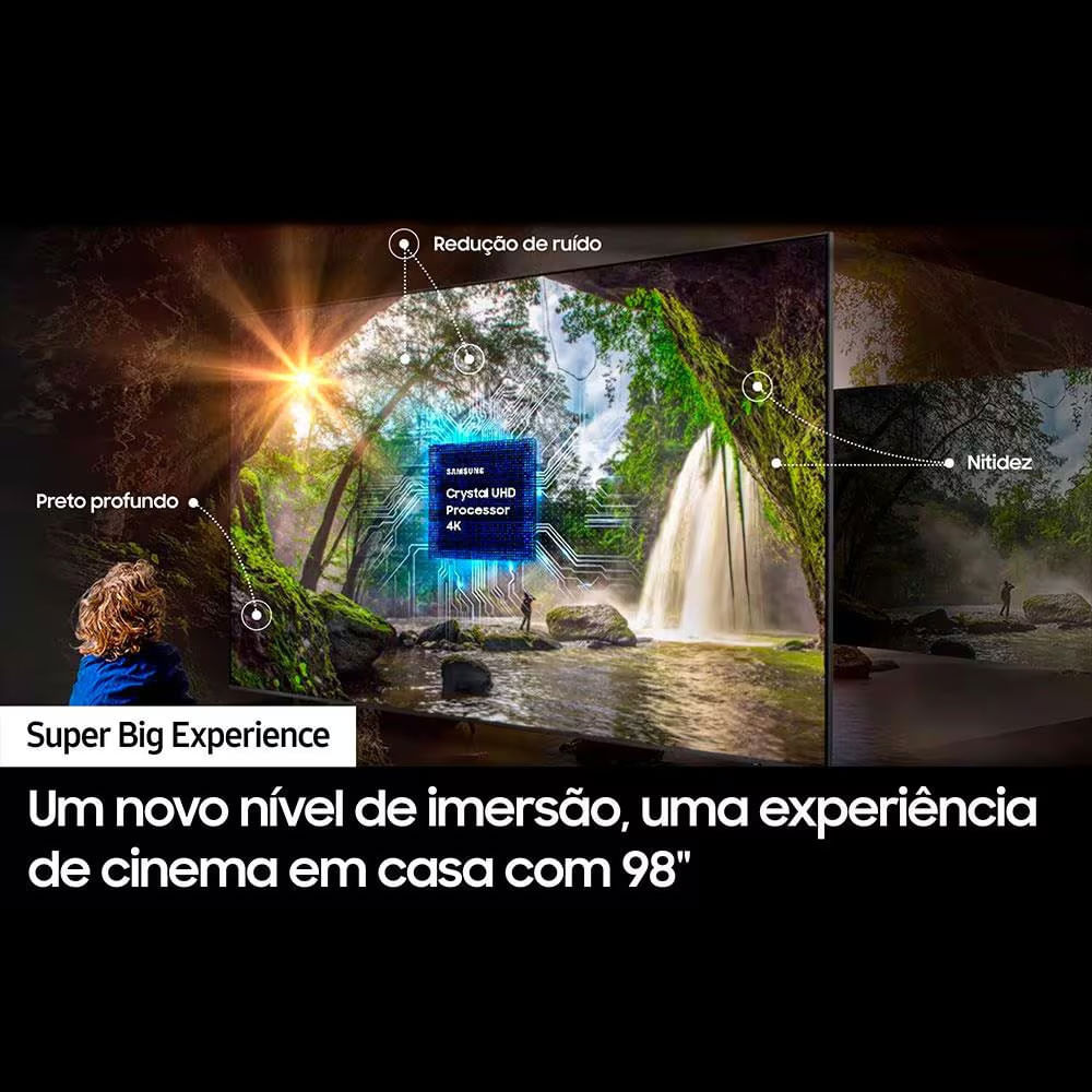 Smart TV 98 Samsung Crystal UHD 4K UN98DU9000 com Wi-Fi integrado, Bluetooth, Gaming Hub, Alexa e Som em Movimento Virtual Preto com Grafite