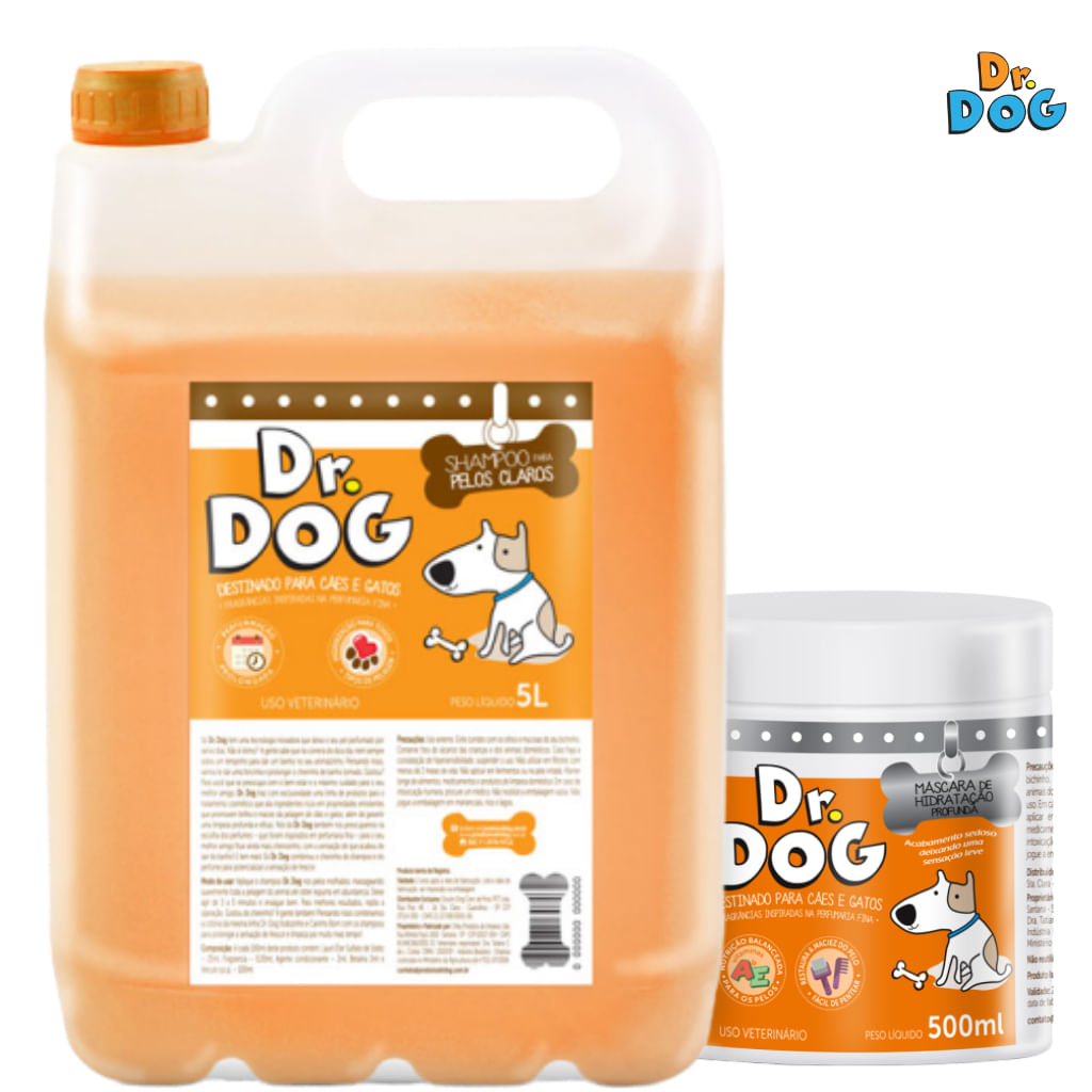 Kit Shampoo Clareador Branqueador pet Dr Dog 5Litros e mascara desmaio  de pelos 500ml