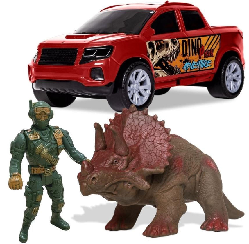 Kit Selvagem Dino Adventure - Carro, Dino e Boneco - 3 peças